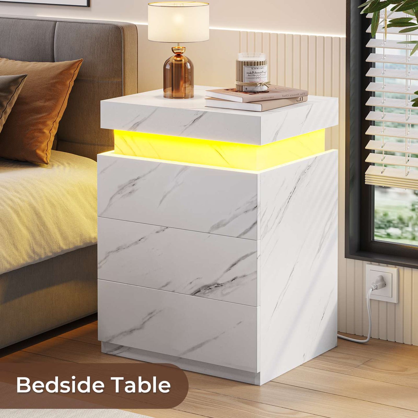 ADORNEVE Nightstand with Charging Station and LED Lights for Bedroom Bedside Table with Sliding Top and Drawers