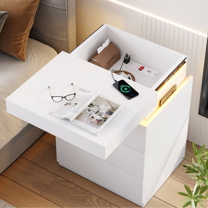 ADORNEVE Nightstand with Charging Station and LED Lights for Bedroom Bedside Table with Sliding Top and Drawers