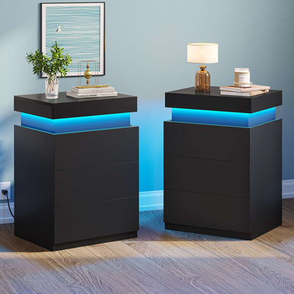 ADORNEVE Nightstand with Charging Station and LED Lights for Bedroom Bedside Table with Sliding Top and Drawers