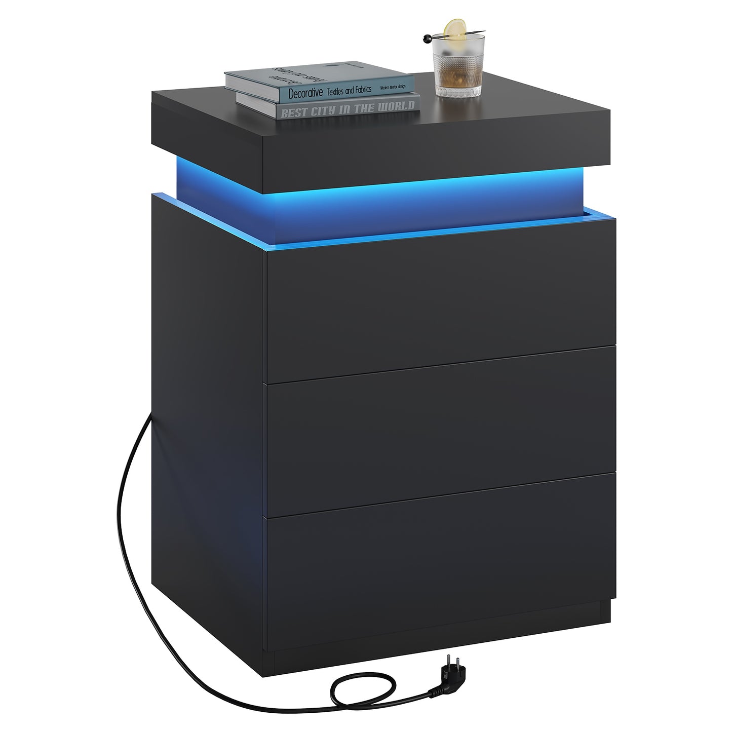 ADORNEVE Nightstand with Charging Station and LED Lights for Bedroom Bedside Table with Sliding Top and Drawers