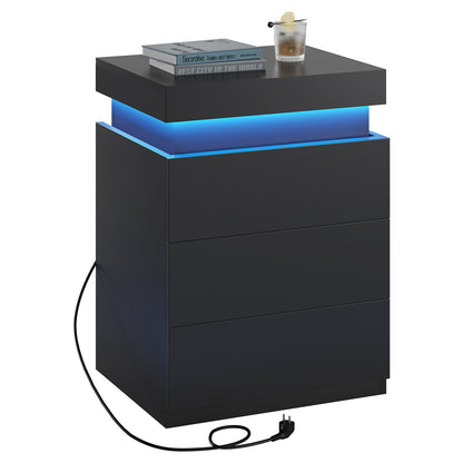 ADORNEVE Nightstand with Charging Station and LED Lights for Bedroom Bedside Table with Sliding Top and Drawers