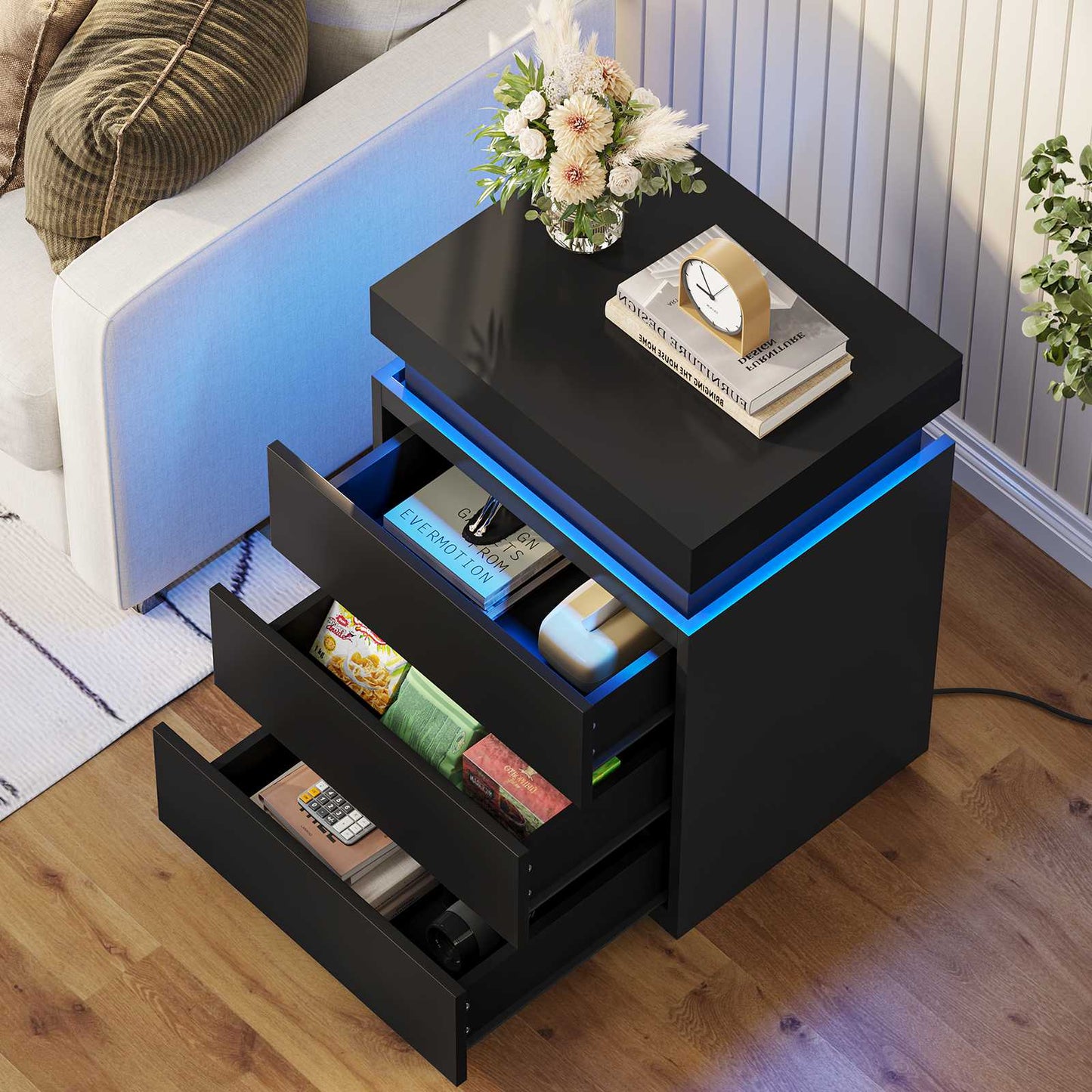 ADORNEVE Nightstand with Charging Station and LED Lights for Bedroom Bedside Table with Sliding Top and Drawers