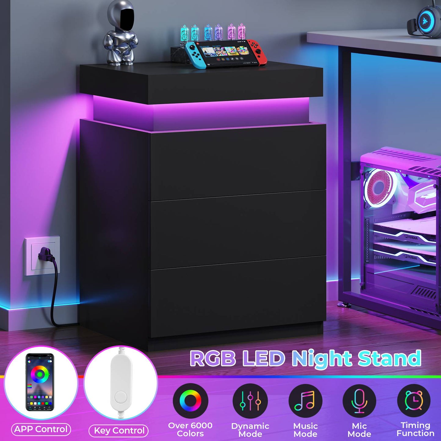 ADORNEVE Nightstand with Charging Station and LED Lights for Bedroom Bedside Table with Sliding Top and Drawers