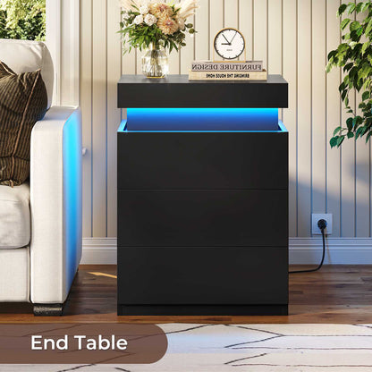 ADORNEVE Nightstand with Charging Station and LED Lights for Bedroom Bedside Table with Sliding Top and Drawers