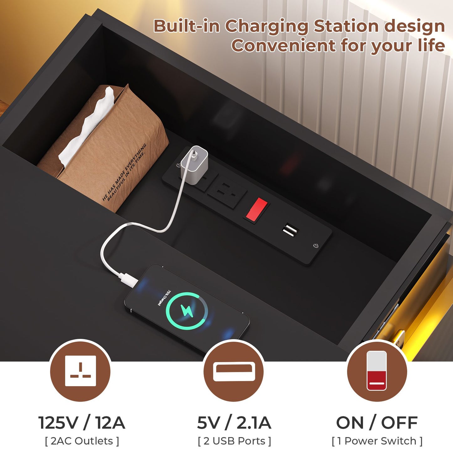 ADORNEVE Nightstand with Charging Station and LED Lights for Bedroom Bedside Table with Sliding Top and Drawers