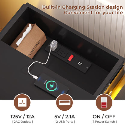 ADORNEVE Nightstand with Charging Station and LED Lights for Bedroom Bedside Table with Sliding Top and Drawers