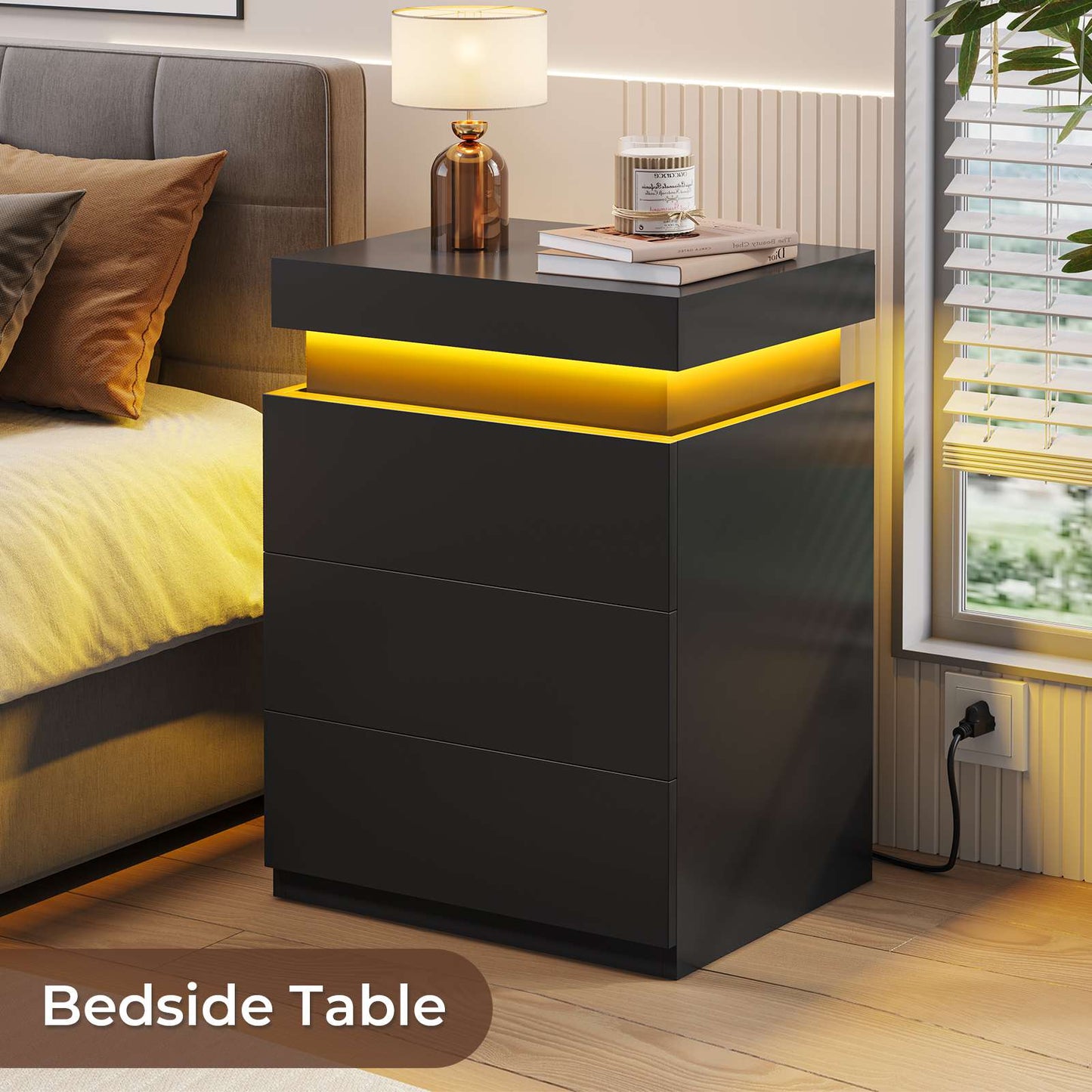 ADORNEVE Nightstand with Charging Station and LED Lights for Bedroom Bedside Table with Sliding Top and Drawers