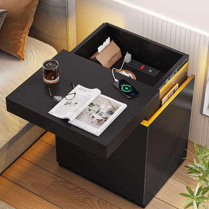 ADORNEVE Nightstand with Charging Station and LED Lights for Bedroom Bedside Table with Sliding Top and Drawers