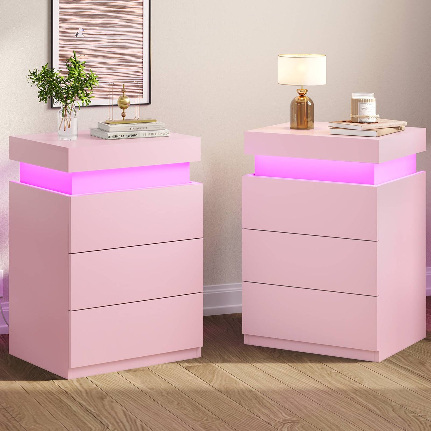 ADORNEVE Nightstand with Charging Station and LED Lights for Bedroom Bedside Table with Sliding Top and Drawers