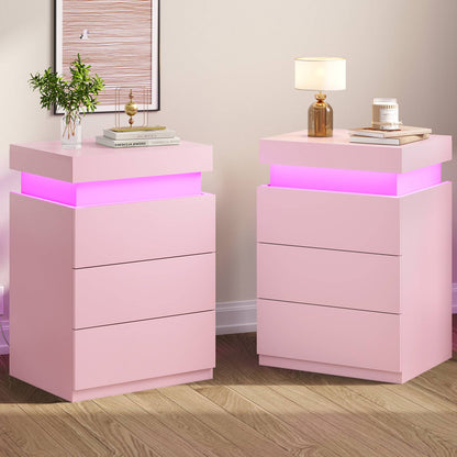 ADORNEVE Nightstand with Charging Station and LED Lights for Bedroom Bedside Table with Sliding Top and Drawers