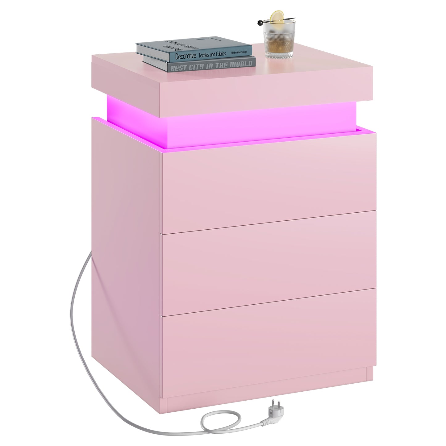 ADORNEVE Nightstand with Charging Station and LED Lights for Bedroom Bedside Table with Sliding Top and Drawers