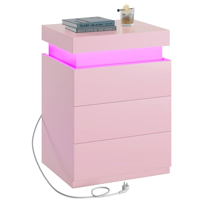 ADORNEVE Nightstand with Charging Station and LED Lights for Bedroom Bedside Table with Sliding Top and Drawers