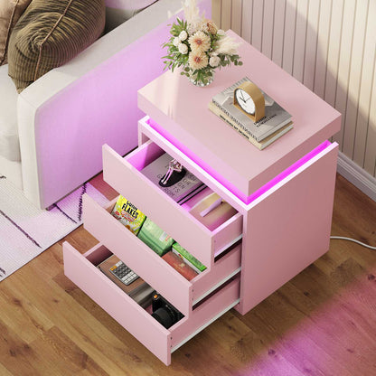 ADORNEVE Nightstand with Charging Station and LED Lights for Bedroom Bedside Table with Sliding Top and Drawers