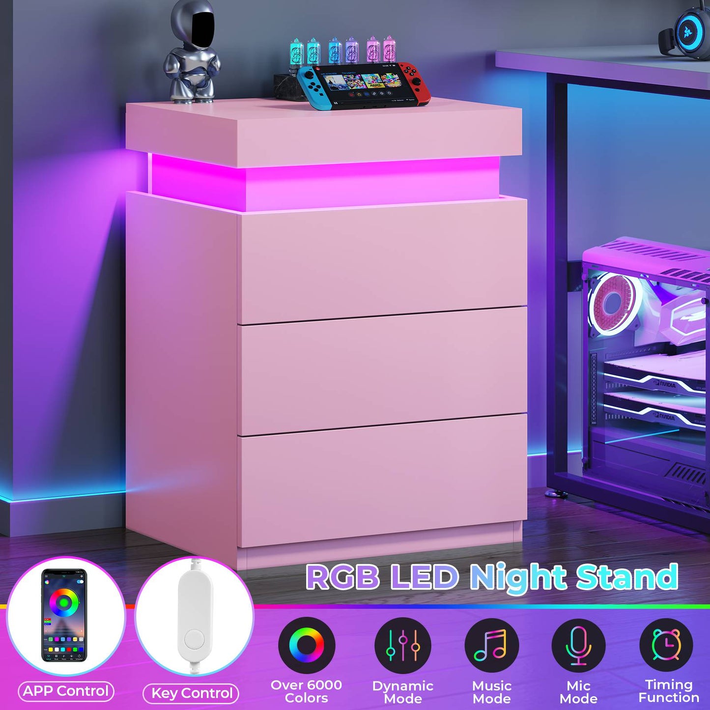 ADORNEVE Nightstand with Charging Station and LED Lights for Bedroom Bedside Table with Sliding Top and Drawers