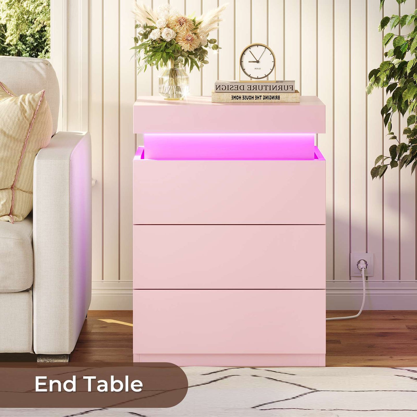 ADORNEVE Nightstand with Charging Station and LED Lights for Bedroom Bedside Table with Sliding Top and Drawers