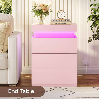 ADORNEVE Nightstand with Charging Station and LED Lights for Bedroom Bedside Table with Sliding Top and Drawers
