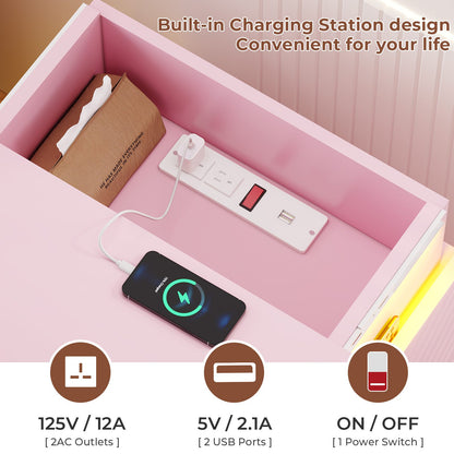 ADORNEVE Nightstand with Charging Station and LED Lights for Bedroom Bedside Table with Sliding Top and Drawers