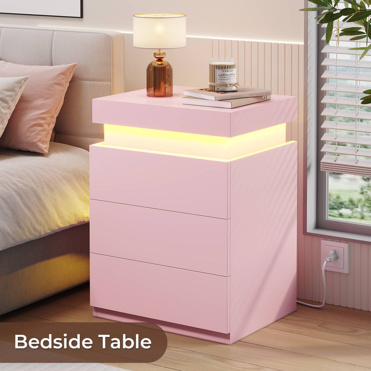 ADORNEVE Nightstand with Charging Station and LED Lights for Bedroom Bedside Table with Sliding Top and Drawers
