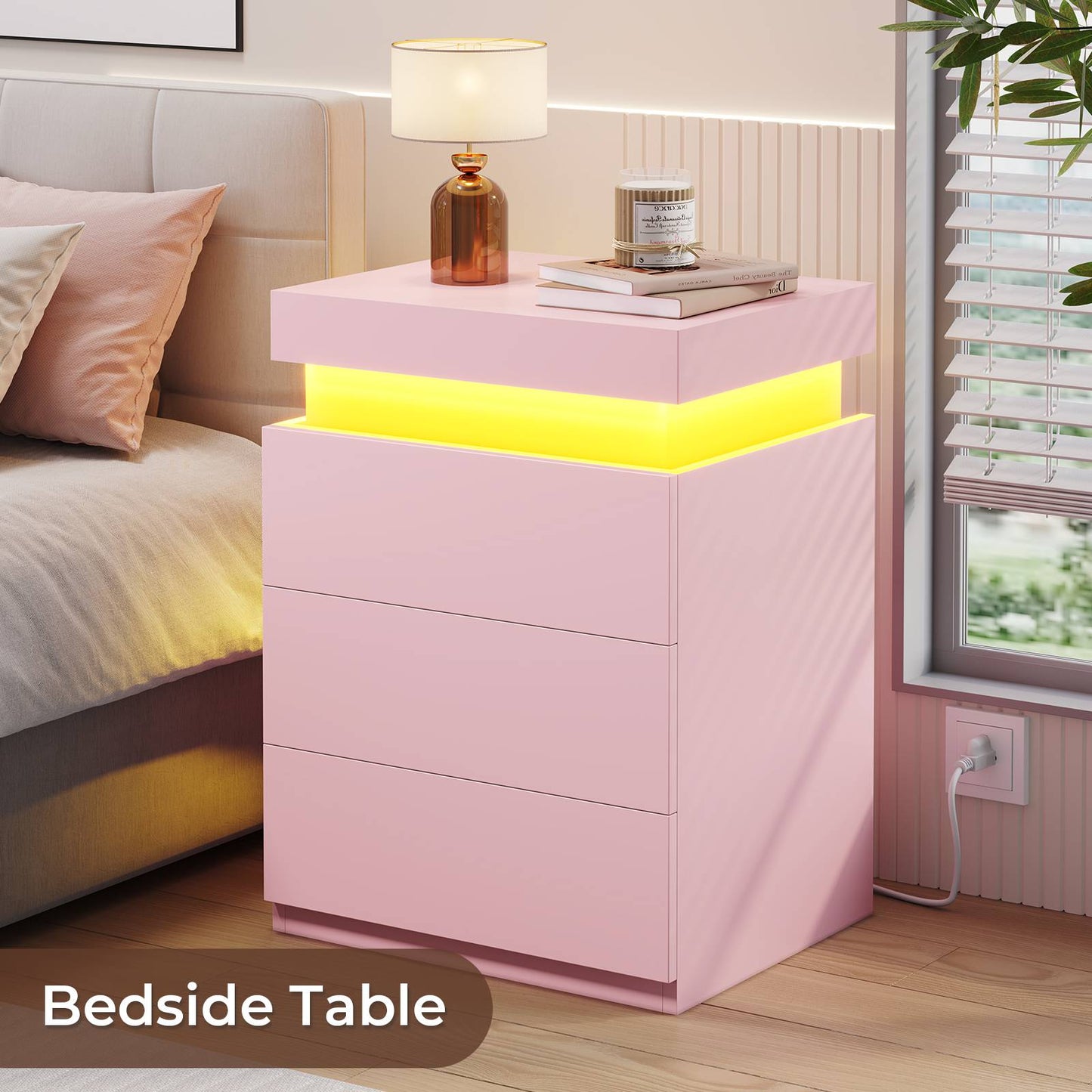 ADORNEVE Nightstand with Charging Station and LED Lights for Bedroom Bedside Table with Sliding Top and Drawers
