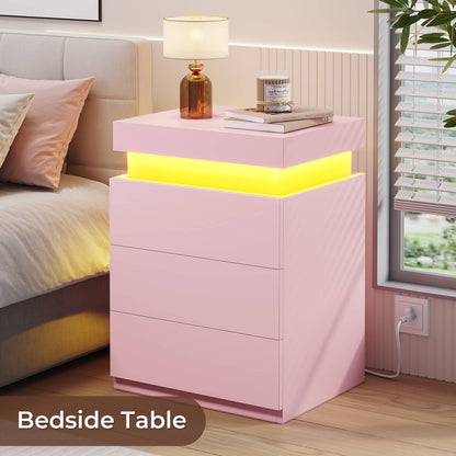 ADORNEVE Nightstand with Charging Station and LED Lights for Bedroom Bedside Table with Sliding Top and Drawers