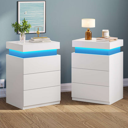 ADORNEVE Nightstand with Charging Station and LED Lights for Bedroom Bedside Table with Sliding Top and Drawers