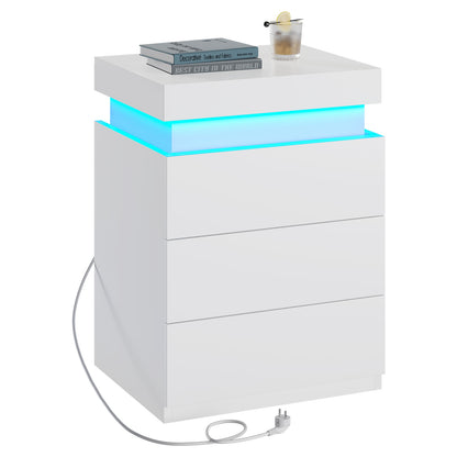 ADORNEVE Nightstand with Charging Station and LED Lights for Bedroom Bedside Table with Sliding Top and Drawers
