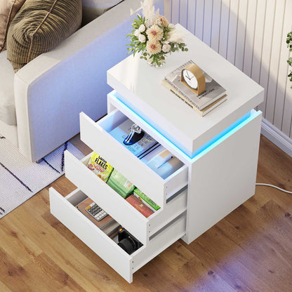 ADORNEVE Nightstand with Charging Station and LED Lights for Bedroom Bedside Table with Sliding Top and Drawers