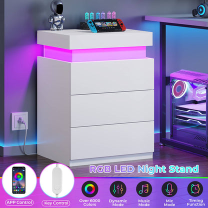 ADORNEVE Nightstand with Charging Station and LED Lights for Bedroom Bedside Table with Sliding Top and Drawers
