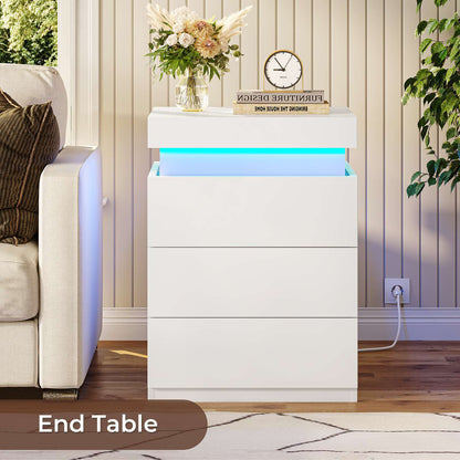 ADORNEVE Nightstand with Charging Station and LED Lights for Bedroom Bedside Table with Sliding Top and Drawers