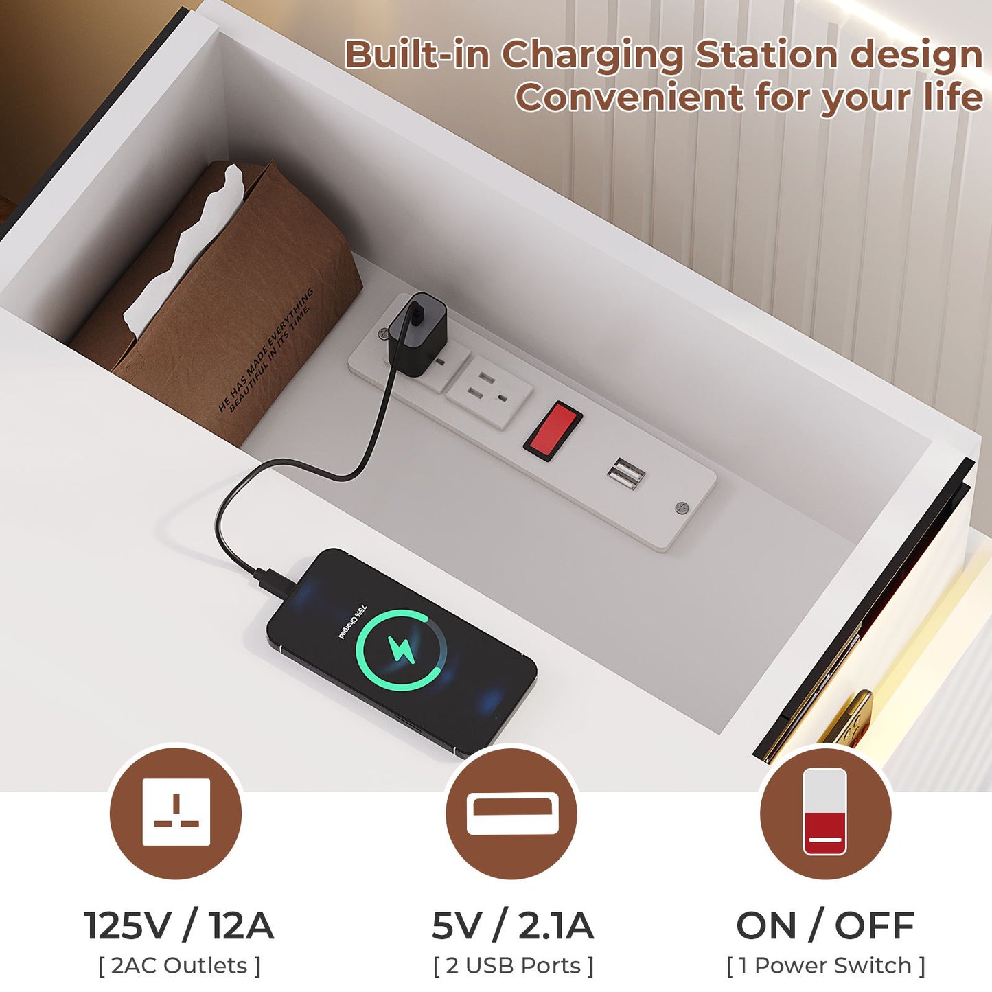 ADORNEVE Nightstand with Charging Station and LED Lights for Bedroom Bedside Table with Sliding Top and Drawers