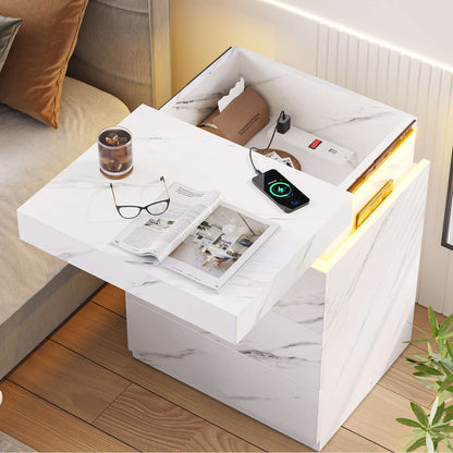 ADORNEVE Nightstand with Charging Station and LED Lights for Bedroom Bedside Table with Sliding Top and Drawers
