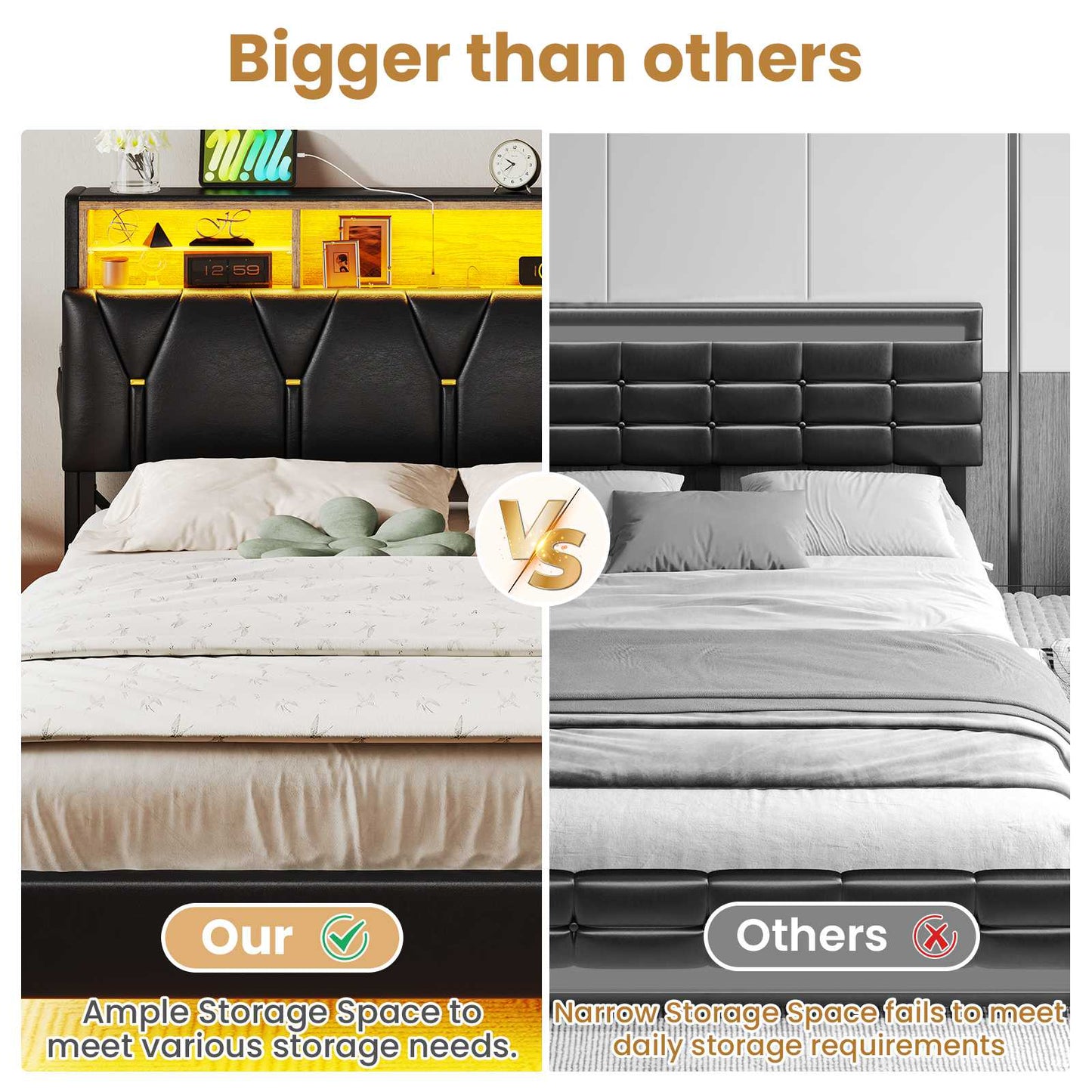 ADORNEVE Bed Frame Full Size with Charging Station and Storage Headboard Velvet Upholstered Platform Bed Frame with LED lights