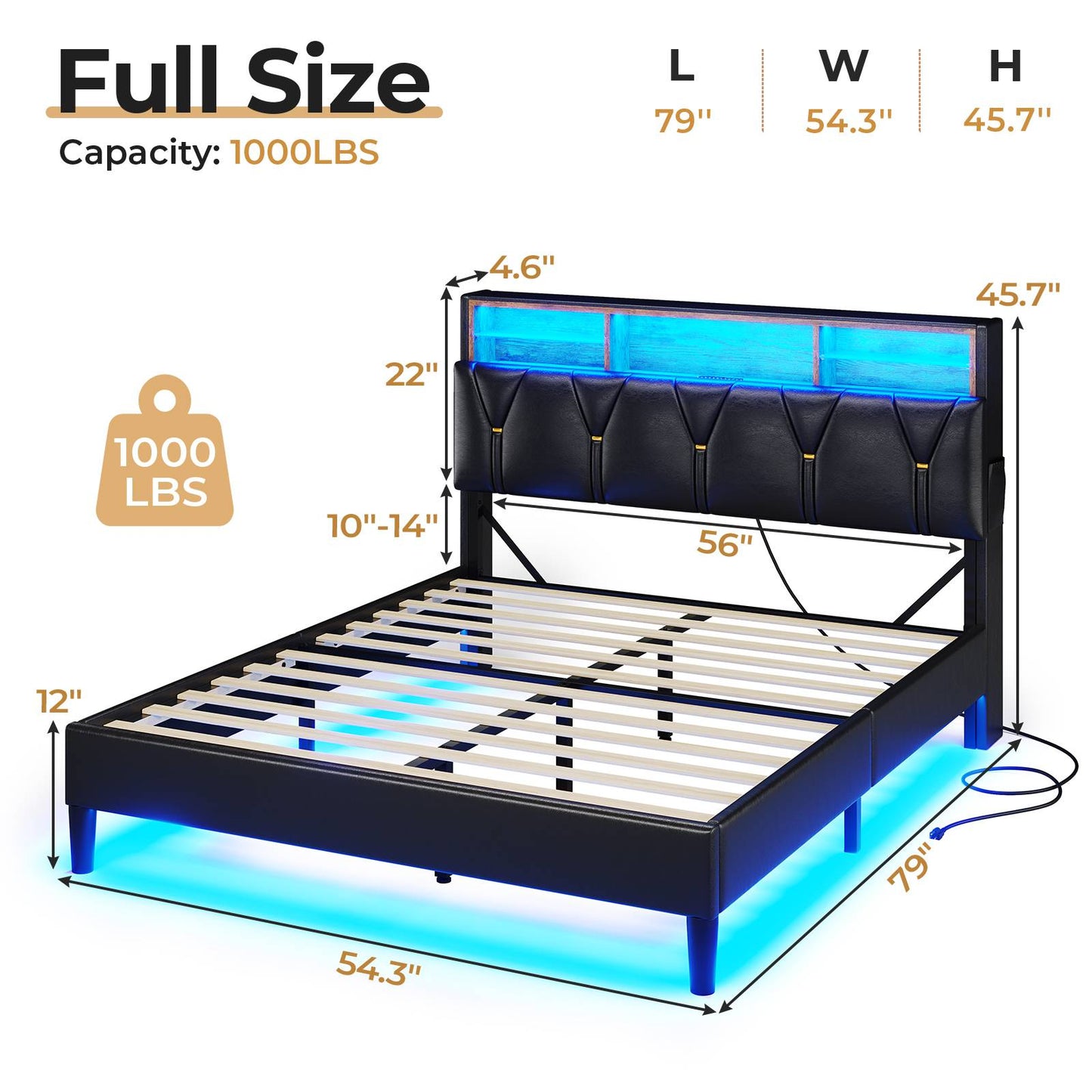 ADORNEVE Bed Frame Full Size with Charging Station and Storage Headboard Velvet Upholstered Platform Bed Frame with LED lights