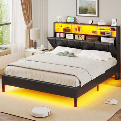ADORNEVE Bed Frame Full Size with Charging Station and Storage Headboard Velvet Upholstered Platform Bed Frame with LED lights