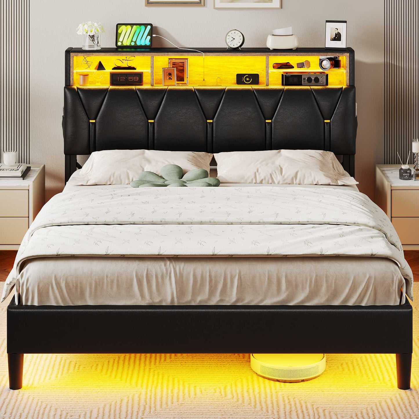 ADORNEVE Bed Frame Full Size with Charging Station and Storage Headboard Velvet Upholstered Platform Bed Frame with LED lights