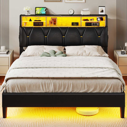 ADORNEVE Bed Frame Full Size with Charging Station and Storage Headboard Velvet Upholstered Platform Bed Frame with LED lights