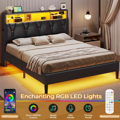 ADORNEVE Bed Frame Full Size with Charging Station and Storage Headboard Velvet Upholstered Platform Bed Frame with LED lights