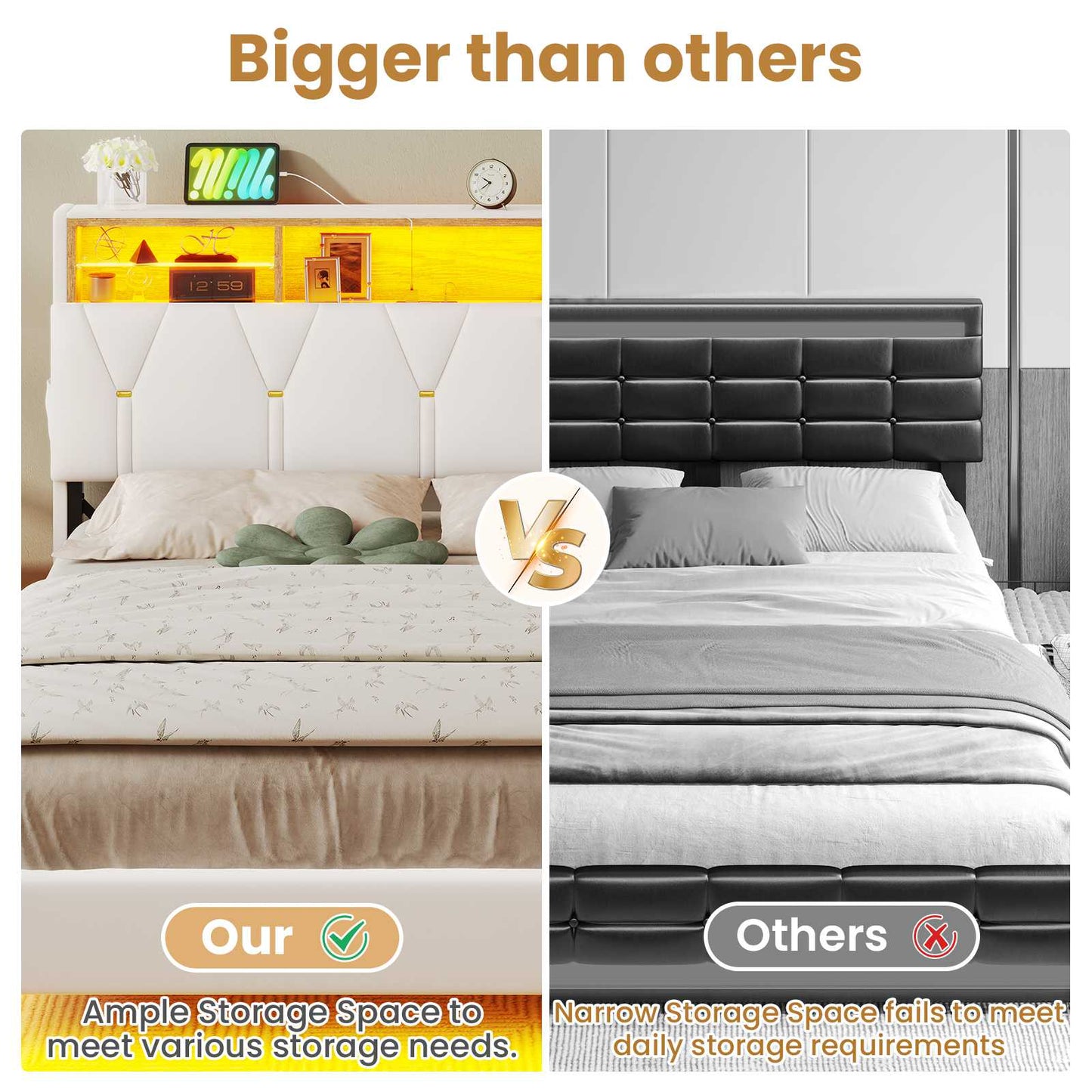 ADORNEVE Bed Frame Full Size with Charging Station and Storage Headboard Velvet Upholstered Platform Bed Frame with LED lights