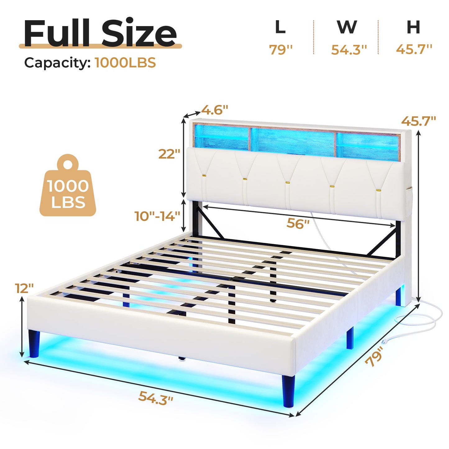 ADORNEVE Bed Frame Full Size with Charging Station and Storage Headboard Velvet Upholstered Platform Bed Frame with LED lights