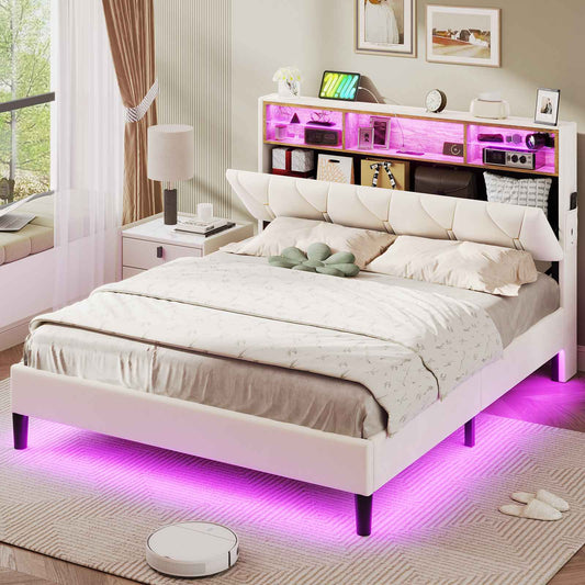 ADORNEVE Bed Frame Full Size with Charging Station and Storage Headboard Velvet Upholstered Platform Bed Frame with LED lights