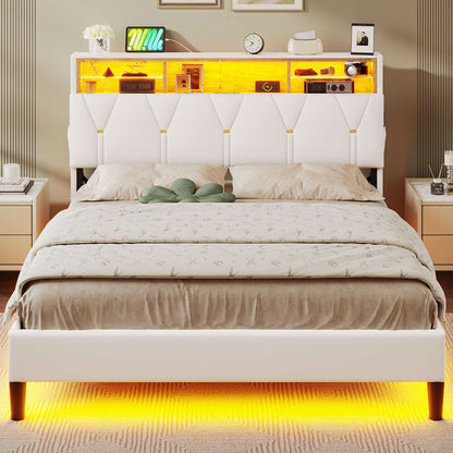 ADORNEVE Bed Frame Full Size with Charging Station and Storage Headboard Velvet Upholstered Platform Bed Frame with LED lights