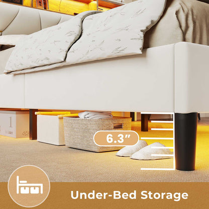 ADORNEVE Bed Frame Full Size with Charging Station and Storage Headboard Velvet Upholstered Platform Bed Frame with LED lights