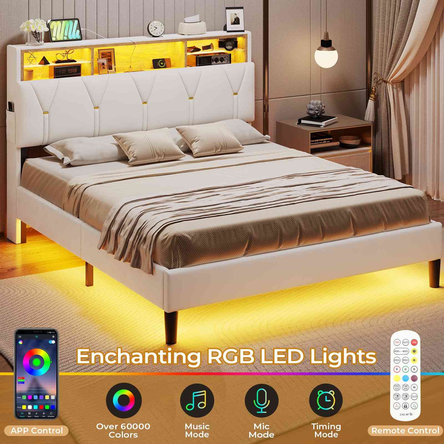 ADORNEVE Bed Frame Full Size with Charging Station and Storage Headboard Velvet Upholstered Platform Bed Frame with LED lights