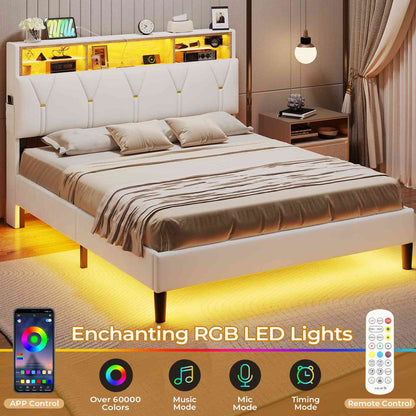 ADORNEVE Bed Frame Full Size with Charging Station and Storage Headboard Velvet Upholstered Platform Bed Frame with LED lights