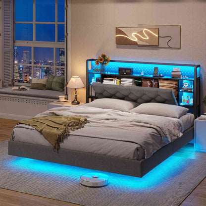 ADORNEVE Floating Bed Frame Full with Hidden Storage Headboard and Charing Station Visual Platform Bed Frame with  LED Lights