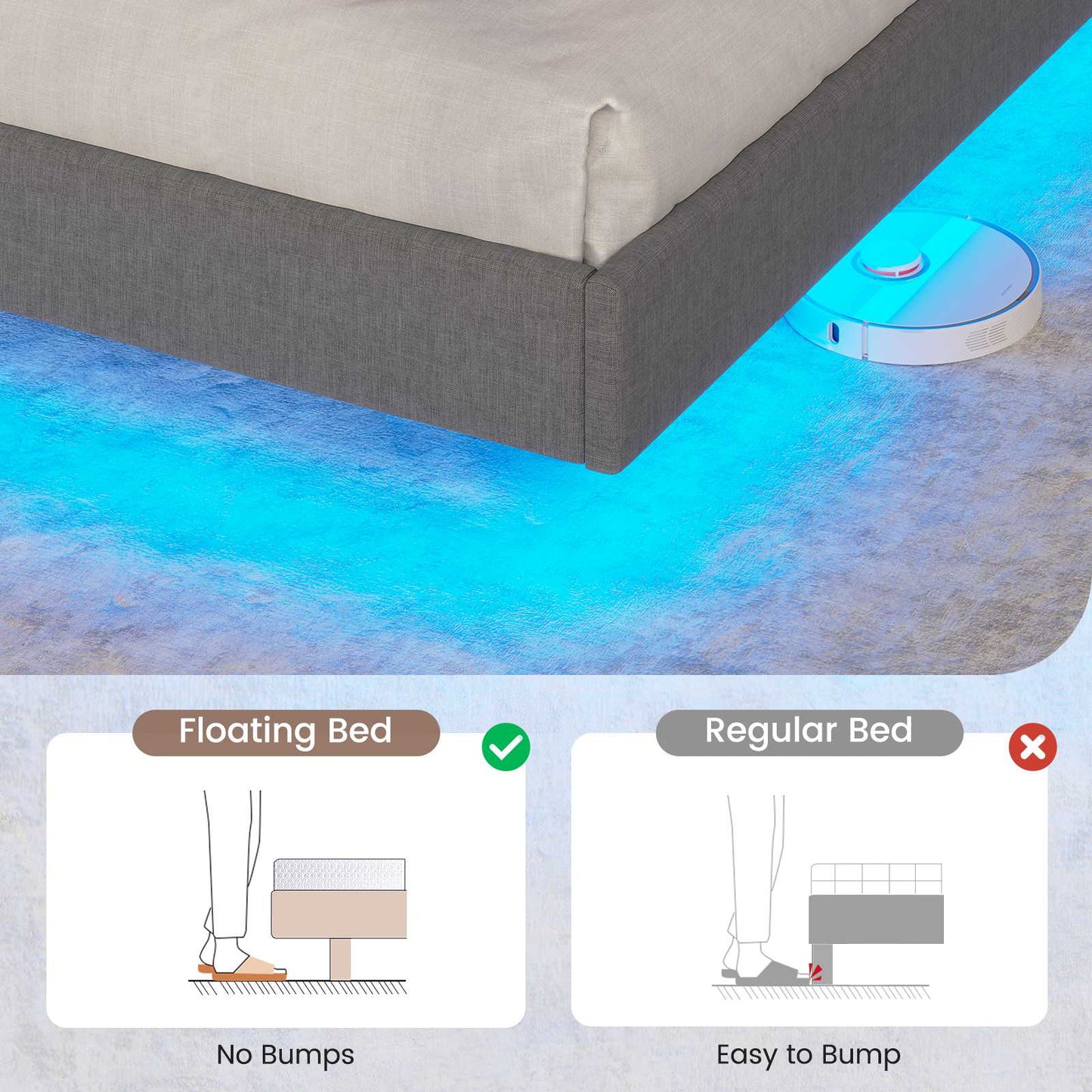 ADORNEVE Floating Bed Frame Full with Hidden Storage Headboard and Charing Station Visual Platform Bed Frame with  LED Lights