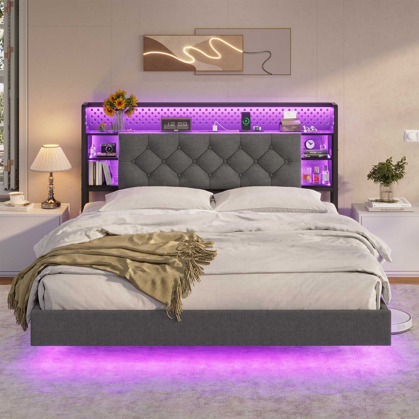 ADORNEVE Floating Bed Frame Full with Hidden Storage Headboard and Charing Station Visual Platform Bed Frame with  LED Lights