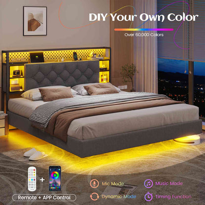 ADORNEVE Floating Bed Frame Full with Hidden Storage Headboard and Charing Station Visual Platform Bed Frame with  LED Lights