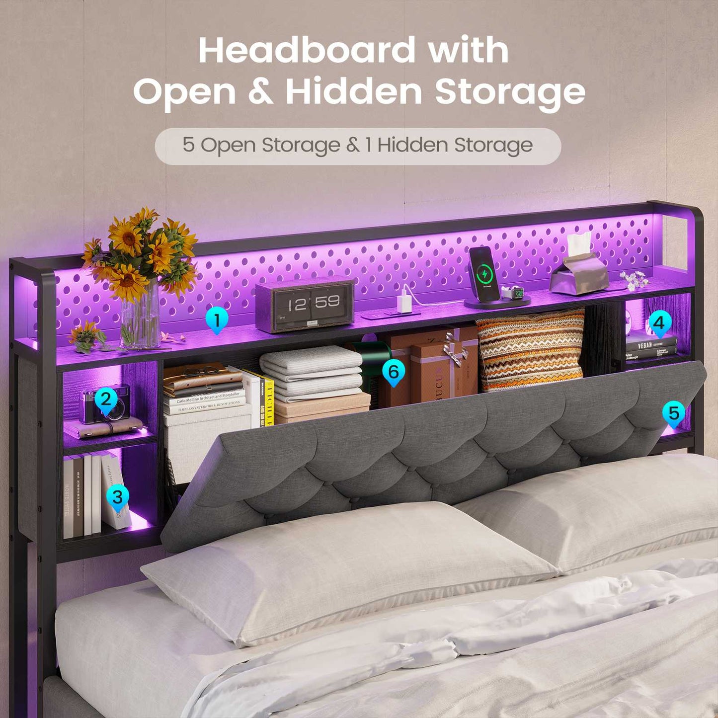 ADORNEVE Floating Bed Frame Full with Hidden Storage Headboard and Charing Station Visual Platform Bed Frame with  LED Lights