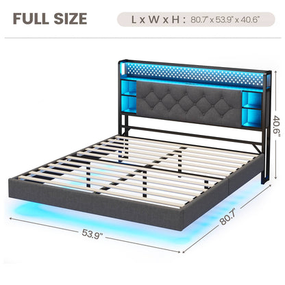 ADORNEVE Floating Bed Frame Full with Hidden Storage Headboard and Charing Station Visual Platform Bed Frame with  LED Lights